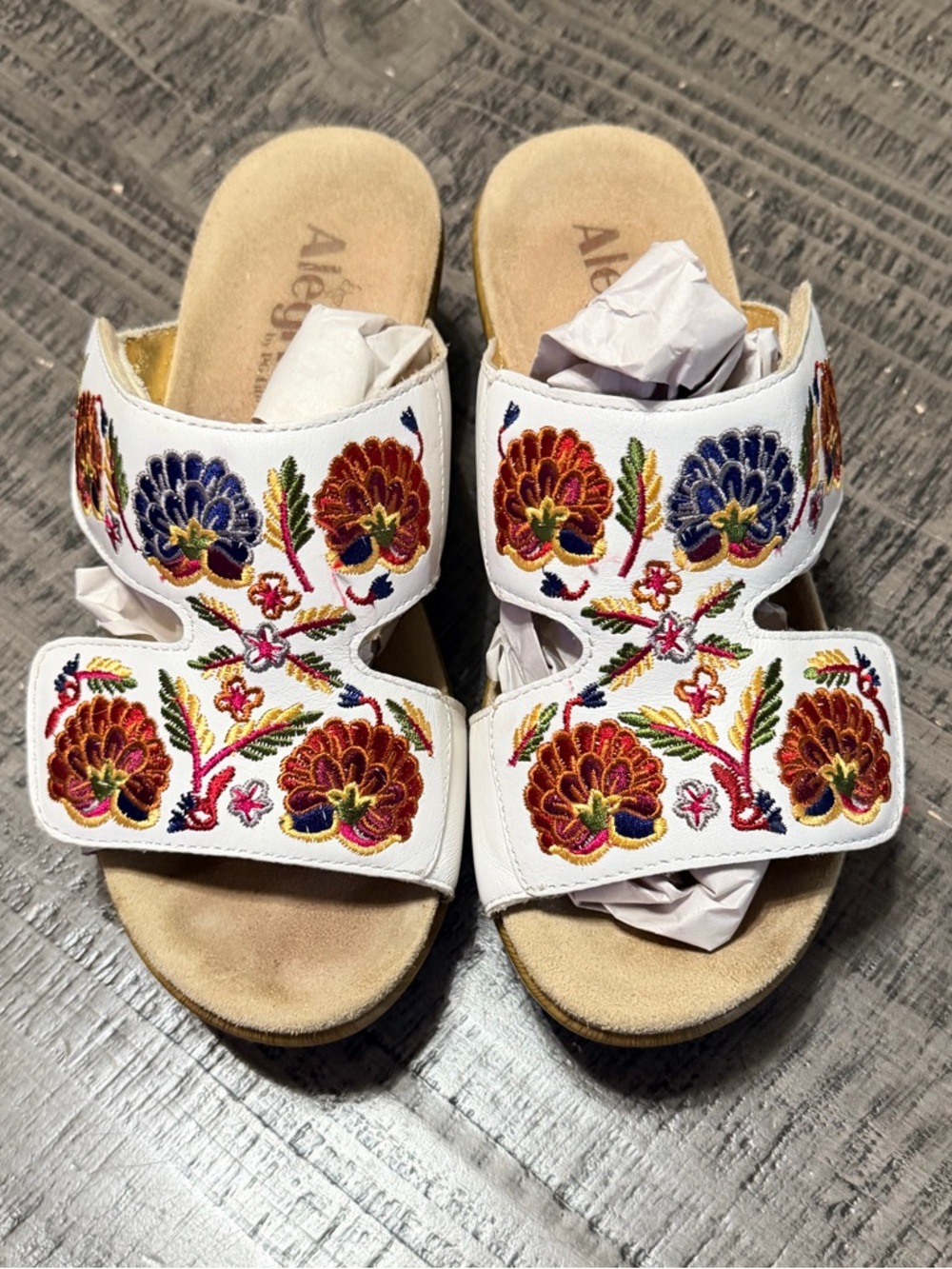Alegria White Leather Slide Sandals with Multicolor Floral Embroidery
